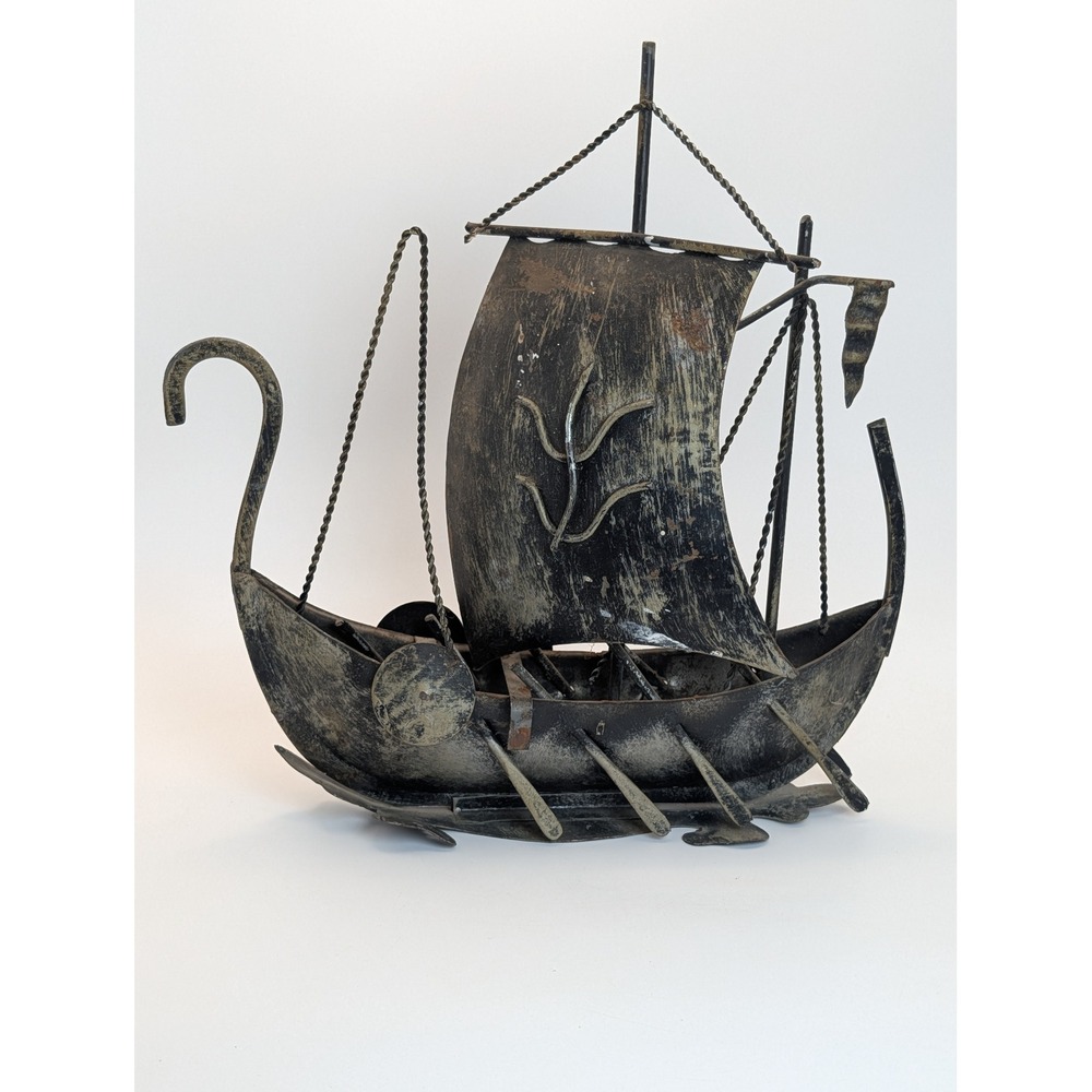 Vintage Brutalist Metal Viking Longship Sculpture Rustic Industrial Decor 9x10"